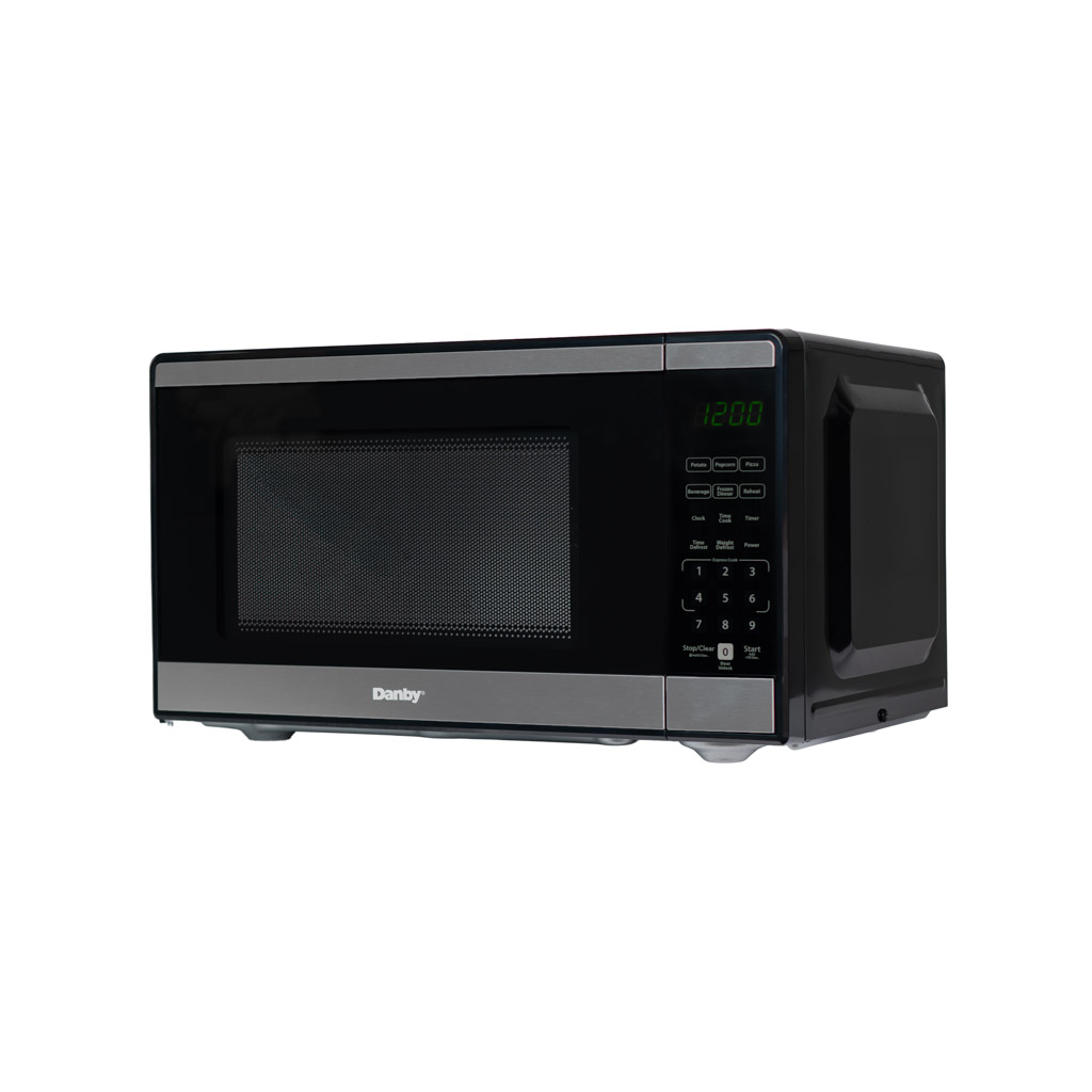 Danby DMW091A1SS 0.9 cu ft countertop microwave left angle view with stainless steel finish