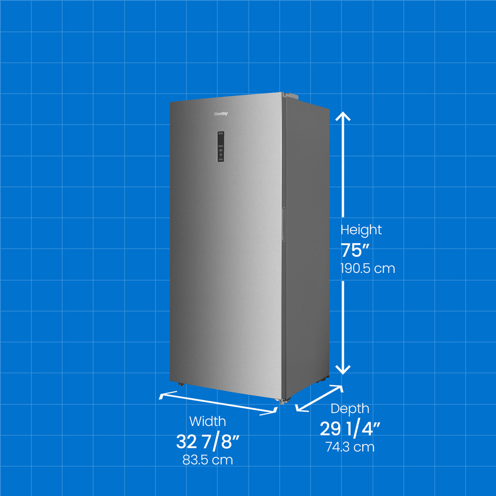 Danby DUF212B1SLCDB 21.2 cu ft upright freezer with height width and depth measurements displayed