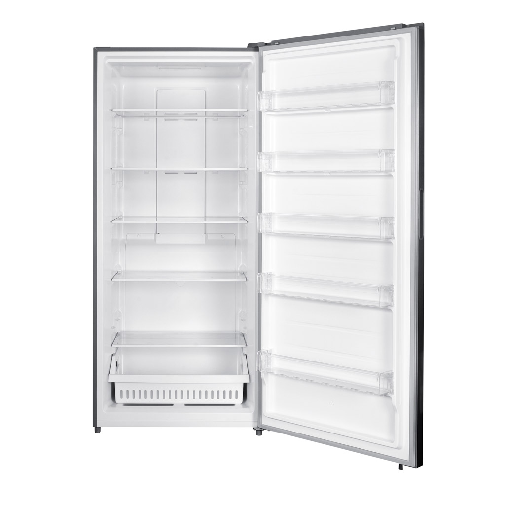 Danby DUF212B1SLCDB 21.2 cu ft upright freezer with door open showing interior storage compartments